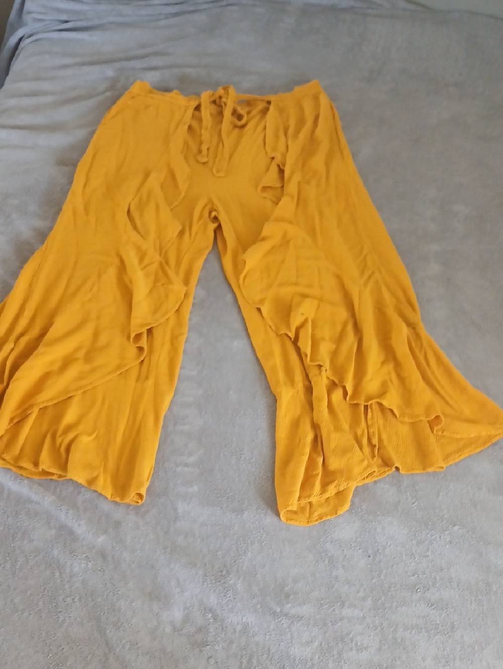 Forever 21 Mustard Yellow Wide-Leg Ruffle Pants - Women's